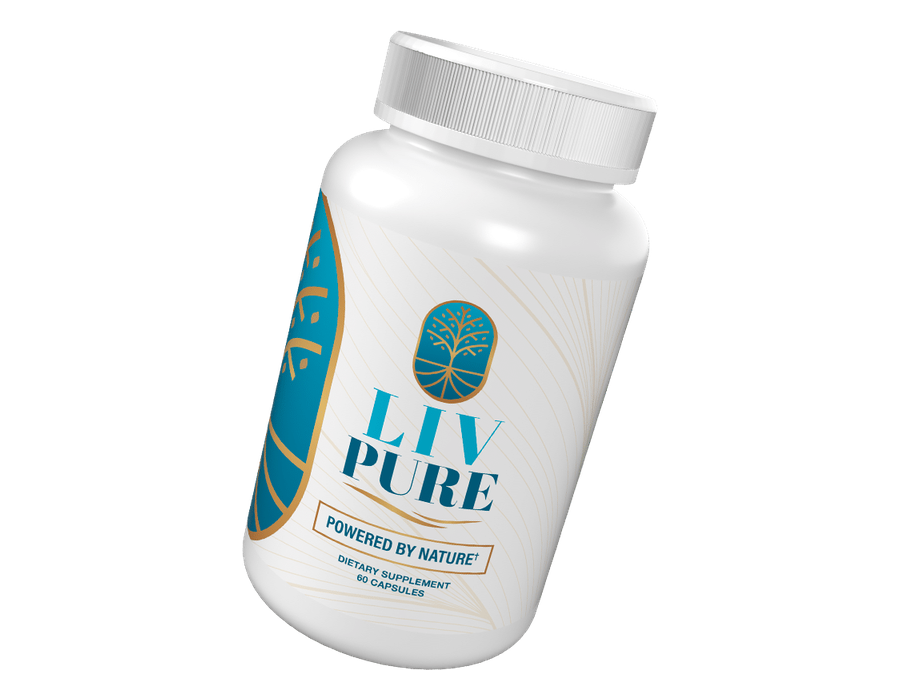 A bottle of Liv Pure capsules on a white background